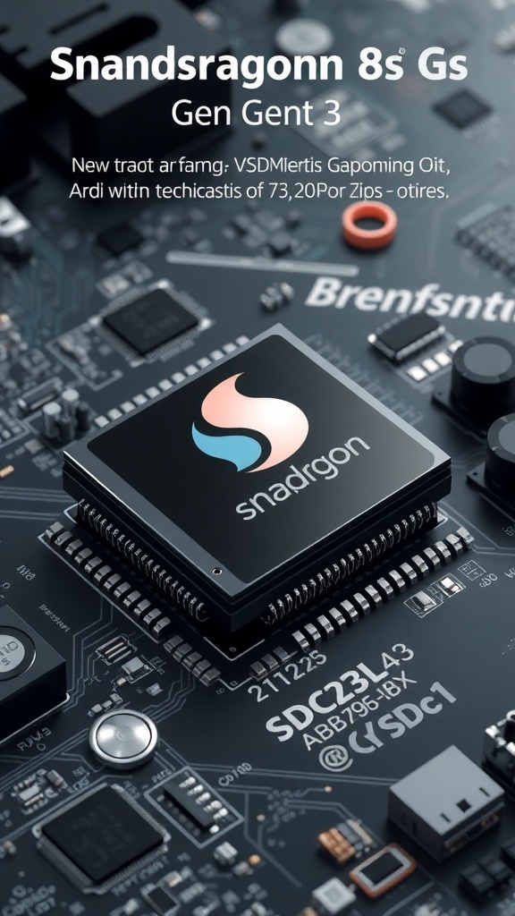 Snapdragon 8s Gen 3 Chipset Overview Snapdragon 8s Gen 3 chipset on a circuit board with electronic components.